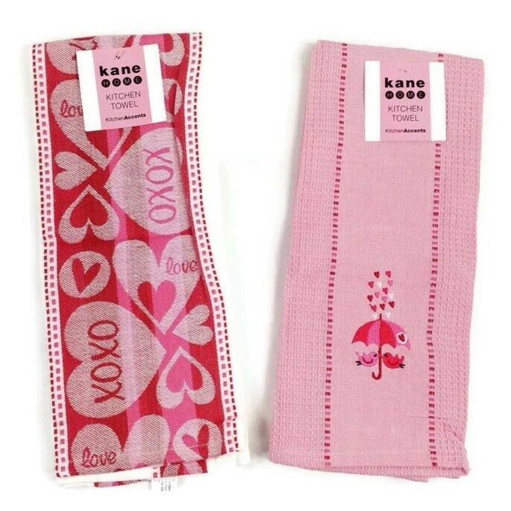 Kane Home Pink White Valentine Theme Kitchen Towel Set Two Piece NWT